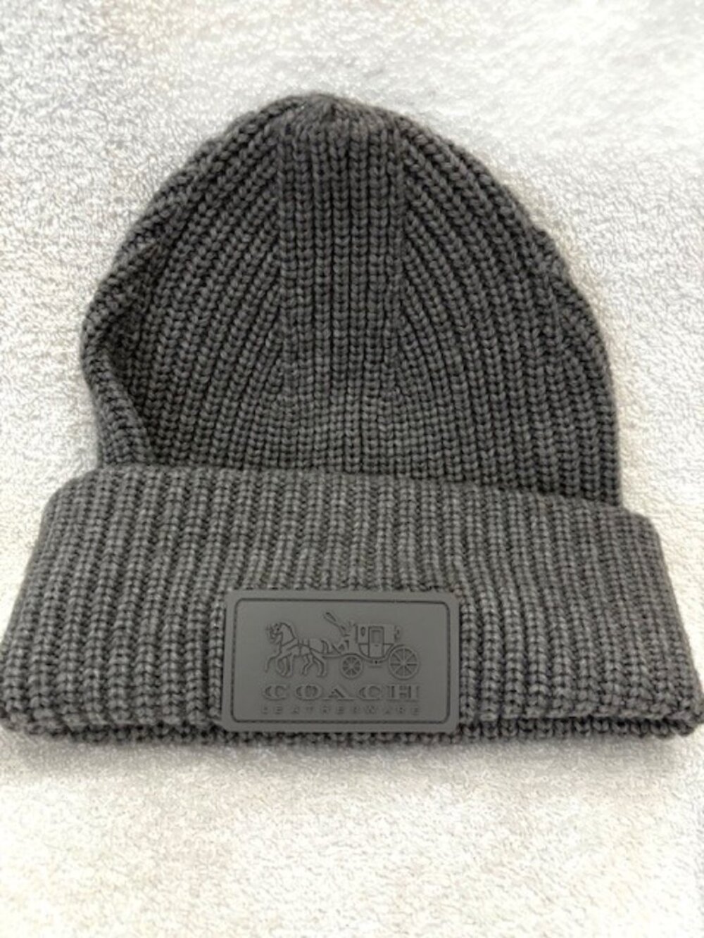 Coach grey knit Patch Beanie in an acrylic/wool blend NWOT